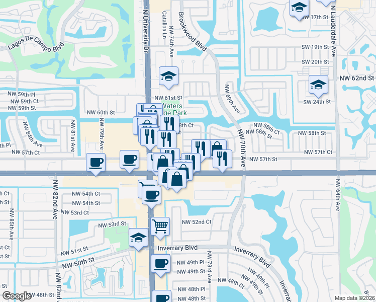 map of restaurants, bars, coffee shops, grocery stores, and more near 7309 Northwest 57th Drive in Tamarac
