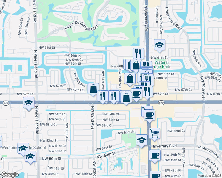 map of restaurants, bars, coffee shops, grocery stores, and more near 5738 Tuscany Way in Tamarac