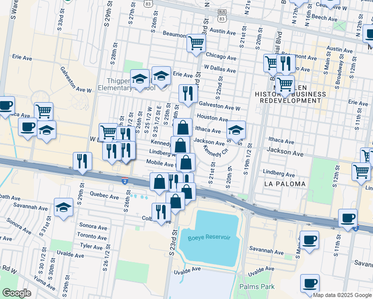 map of restaurants, bars, coffee shops, grocery stores, and more near 1020 South 23rd Street in McAllen