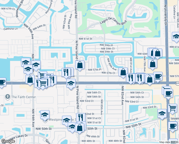 map of restaurants, bars, coffee shops, grocery stores, and more near 5712 Northwest 87th Avenue in Tamarac