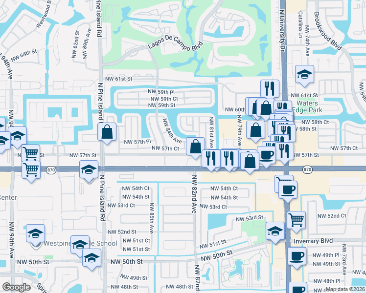 map of restaurants, bars, coffee shops, grocery stores, and more near 8209 Northwest 57th Place in Tamarac