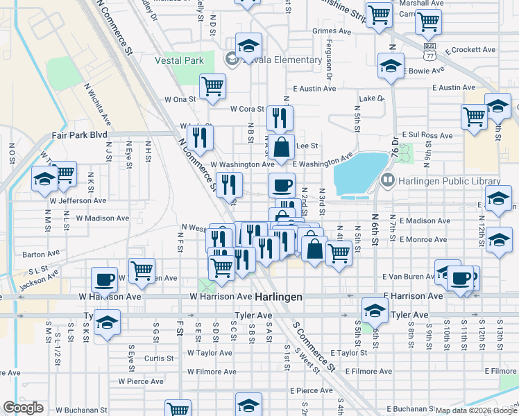 map of restaurants, bars, coffee shops, grocery stores, and more near 300-398 West Jefferson Avenue in Harlingen