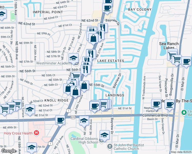 map of restaurants, bars, coffee shops, grocery stores, and more near 2820 Northeast 55th Place in Fort Lauderdale