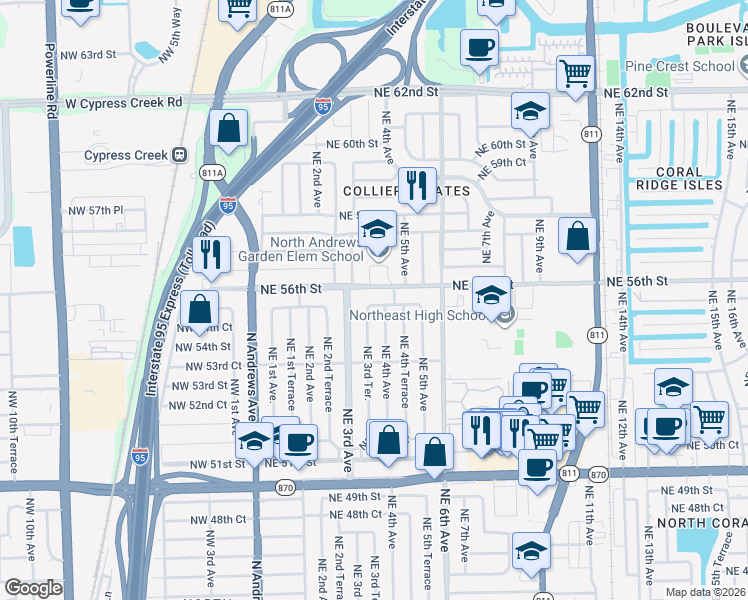 map of restaurants, bars, coffee shops, grocery stores, and more near 360 Northeast 56th Street in Fort Lauderdale