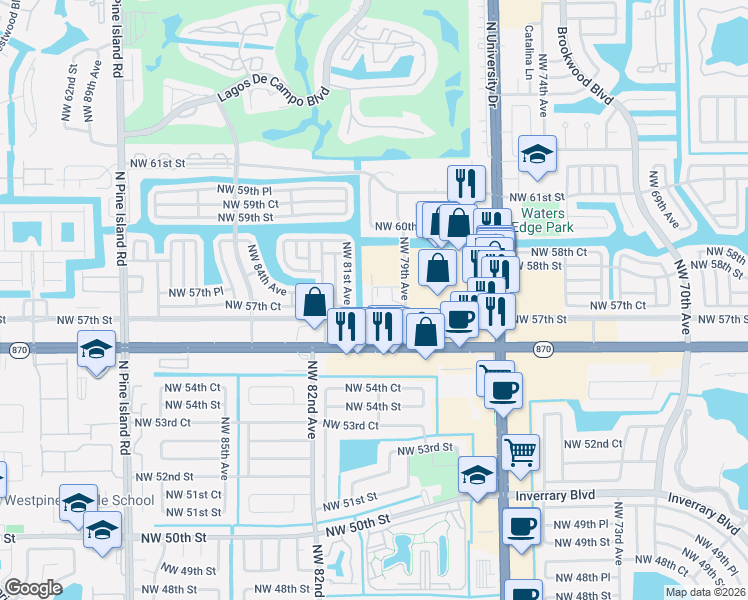 map of restaurants, bars, coffee shops, grocery stores, and more near 5738 Tuscany Way in Tamarac