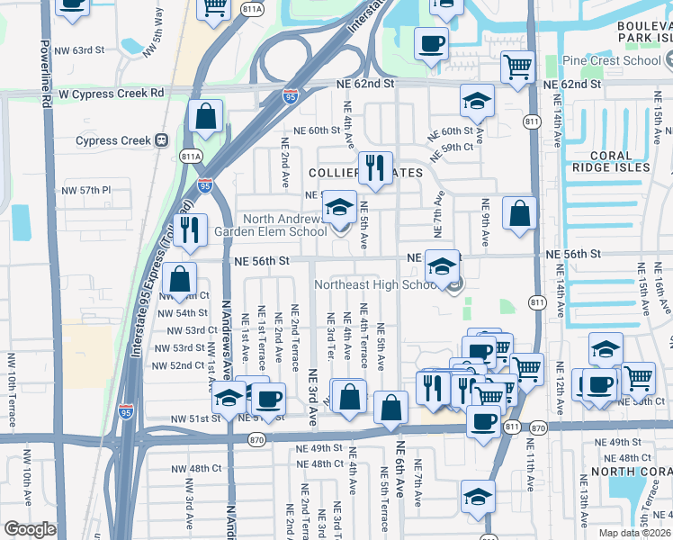map of restaurants, bars, coffee shops, grocery stores, and more near 360 Northeast 56th Street in Fort Lauderdale