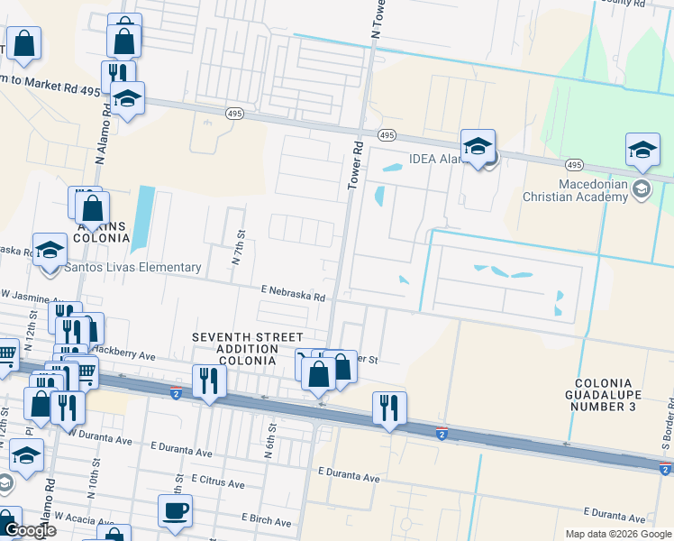 map of restaurants, bars, coffee shops, grocery stores, and more near 817 North Tower Road in Alamo