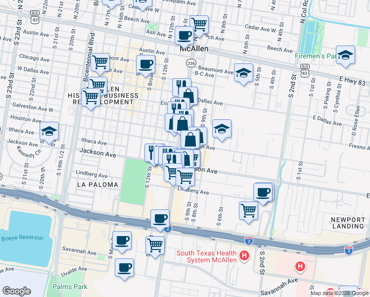 map of restaurants, bars, coffee shops, grocery stores, and more near 912 West Houston Avenue in McAllen