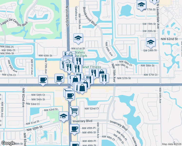 map of restaurants, bars, coffee shops, grocery stores, and more near 7309 Northwest 57th Drive in Tamarac
