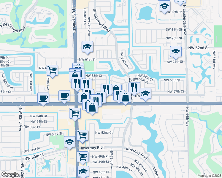 map of restaurants, bars, coffee shops, grocery stores, and more near 5713 Northwest 72nd Avenue in Tamarac