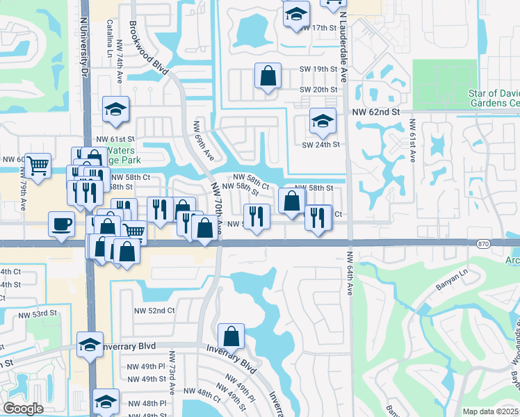 map of restaurants, bars, coffee shops, grocery stores, and more near 5711 Northwest 67th Avenue in Tamarac