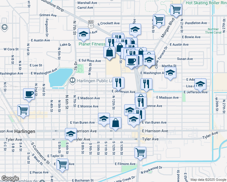 map of restaurants, bars, coffee shops, grocery stores, and more near 1201 East Jefferson Avenue in Harlingen