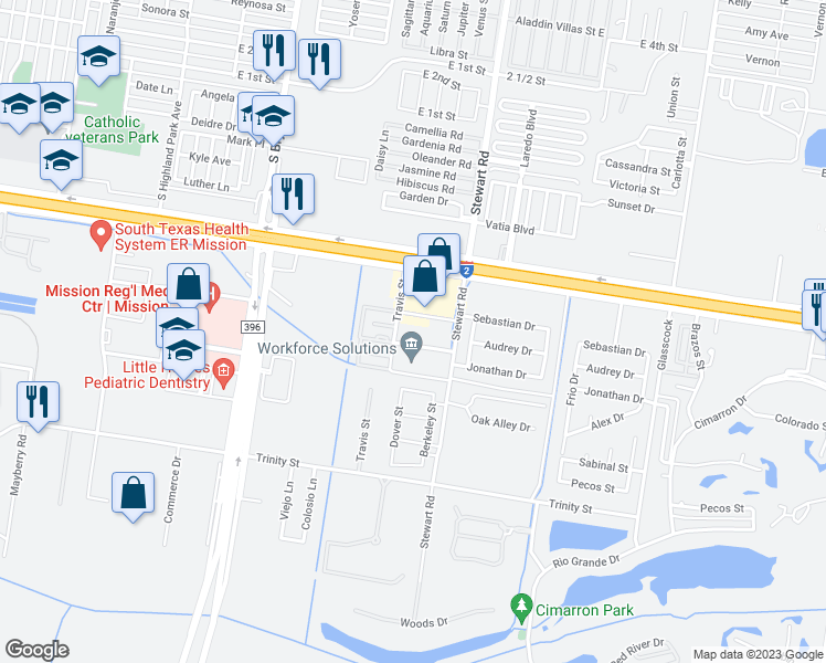 map of restaurants, bars, coffee shops, grocery stores, and more near 813 Travis Street in Mission