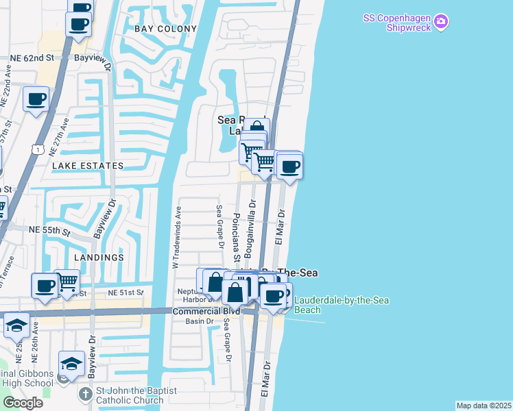 map of restaurants, bars, coffee shops, grocery stores, and more near 4620 Bougainvilla Drive in Lauderdale-by-the-Sea