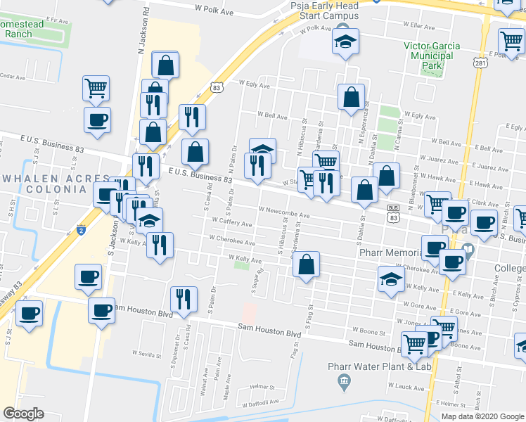 map of restaurants, bars, coffee shops, grocery stores, and more near 925 West Newcombe Avenue in Pharr