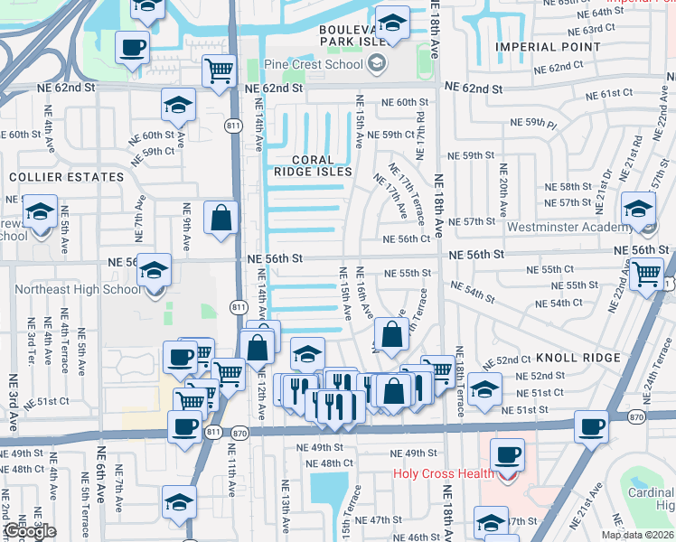 map of restaurants, bars, coffee shops, grocery stores, and more near 5511 Northeast 16th Avenue in Fort Lauderdale