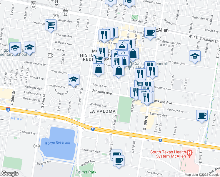 map of restaurants, bars, coffee shops, grocery stores, and more near 1523 Ithaca Avenue in McAllen
