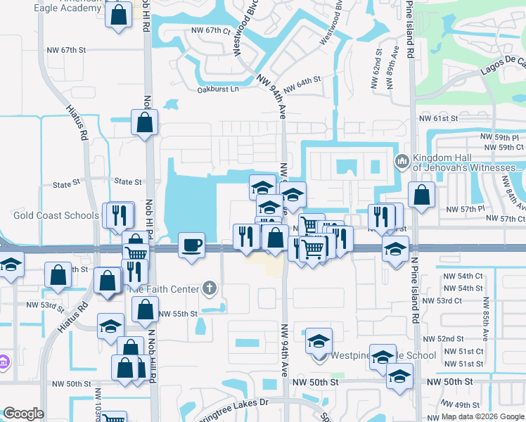 map of restaurants, bars, coffee shops, grocery stores, and more near 5803 Northwest 94th Avenue in Tamarac