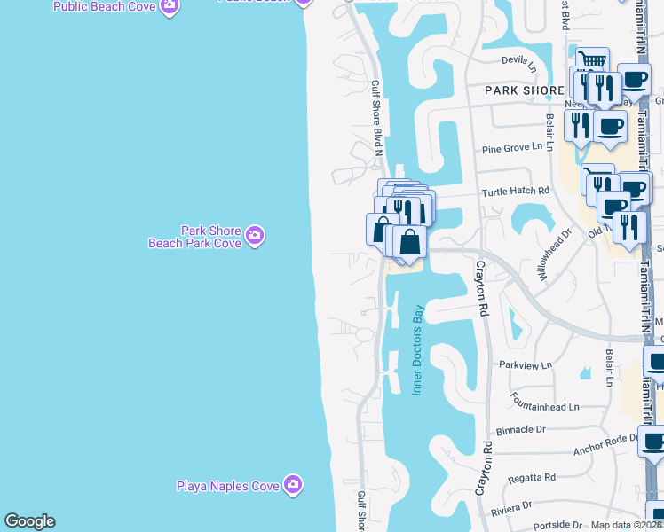 map of restaurants, bars, coffee shops, grocery stores, and more near 4051 Gulf Shore Boulevard North in Naples