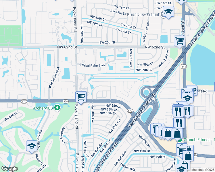 map of restaurants, bars, coffee shops, grocery stores, and more near 4843 Northwest 57th Court in Tamarac