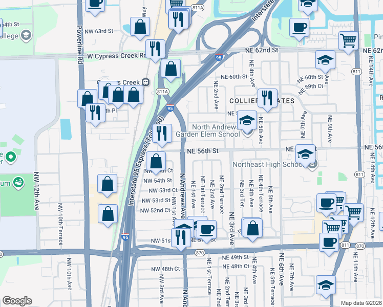 map of restaurants, bars, coffee shops, grocery stores, and more near 50 Northeast 56th Street in Fort Lauderdale