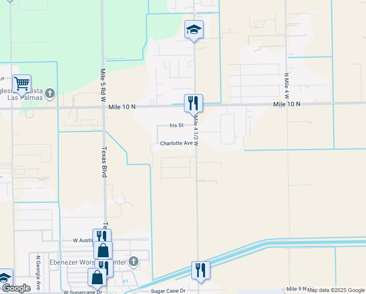 map of restaurants, bars, coffee shops, grocery stores, and more near 714 Charlotte Avenue in Weslaco