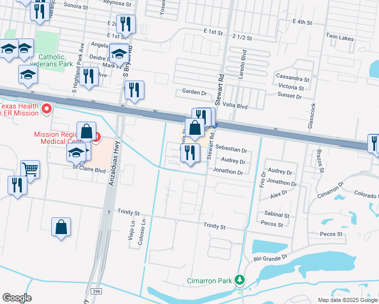 map of restaurants, bars, coffee shops, grocery stores, and more near 813 Travis Street in Mission