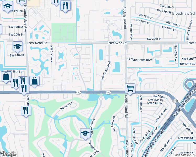 map of restaurants, bars, coffee shops, grocery stores, and more near 5730 Northwest 55th Lane in Tamarac