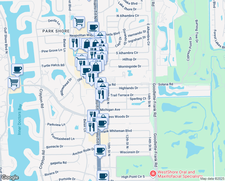 map of restaurants, bars, coffee shops, grocery stores, and more near 1034 Highlands Drive in Naples