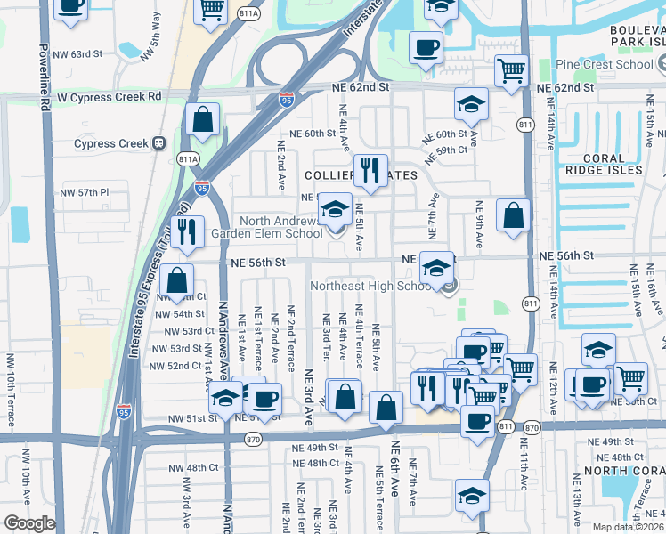 map of restaurants, bars, coffee shops, grocery stores, and more near 360 Northeast 56th Street in Fort Lauderdale