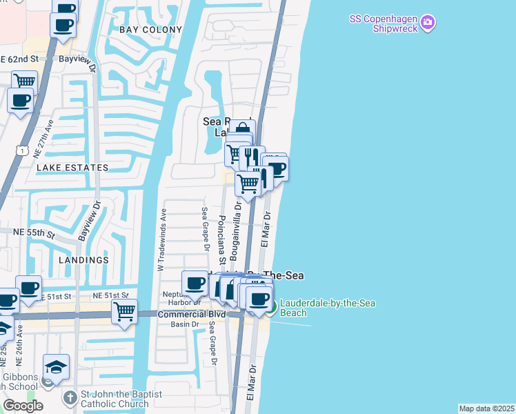 map of restaurants, bars, coffee shops, grocery stores, and more near 4629 El Mar Drive in Lauderdale-by-the-Sea