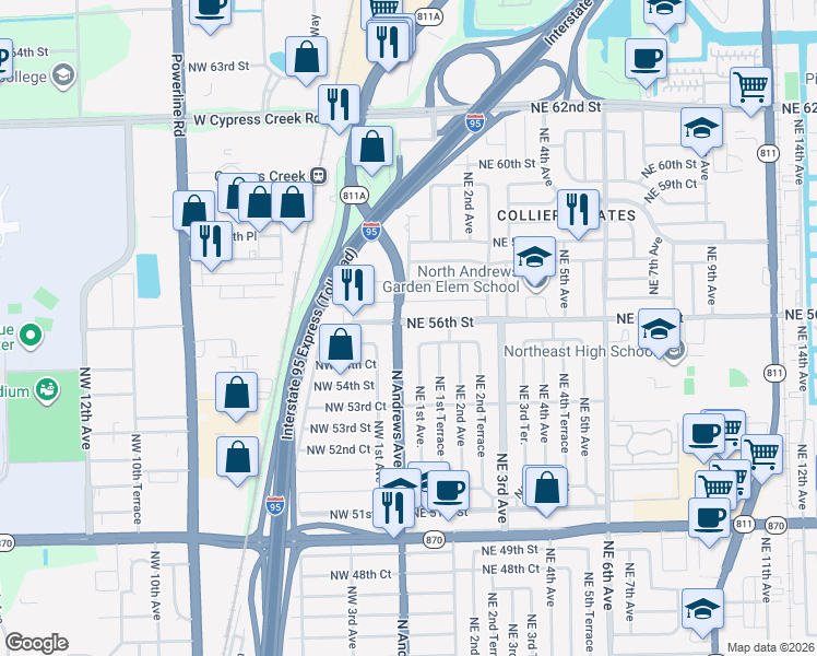 map of restaurants, bars, coffee shops, grocery stores, and more near 50 Northeast 56th Street in Fort Lauderdale