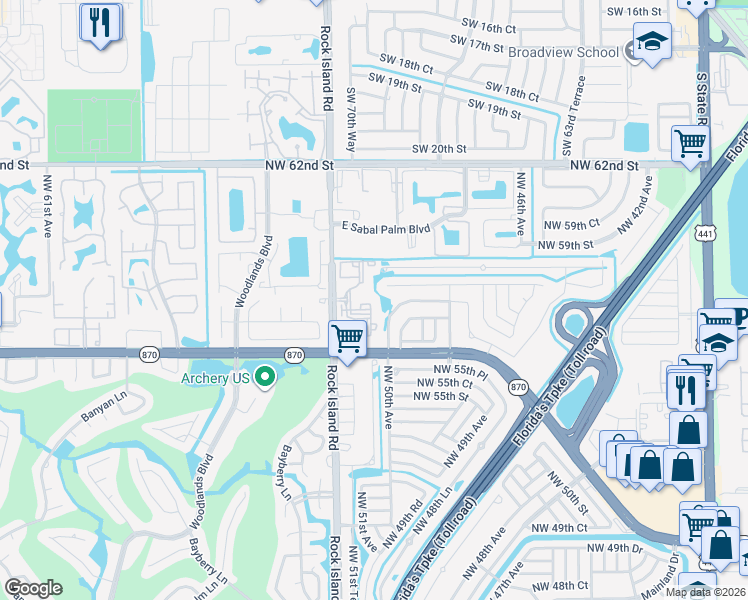 map of restaurants, bars, coffee shops, grocery stores, and more near 5628 Rock Island Road in Tamarac