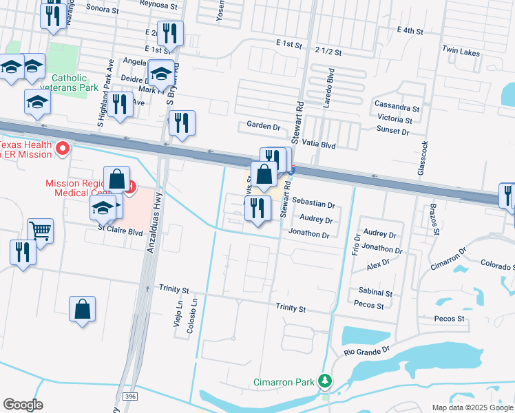 map of restaurants, bars, coffee shops, grocery stores, and more near 813 Travis Street in Mission