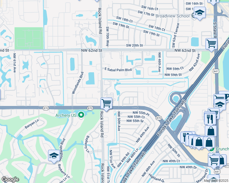 map of restaurants, bars, coffee shops, grocery stores, and more near 5628 Rock Island Road in Tamarac