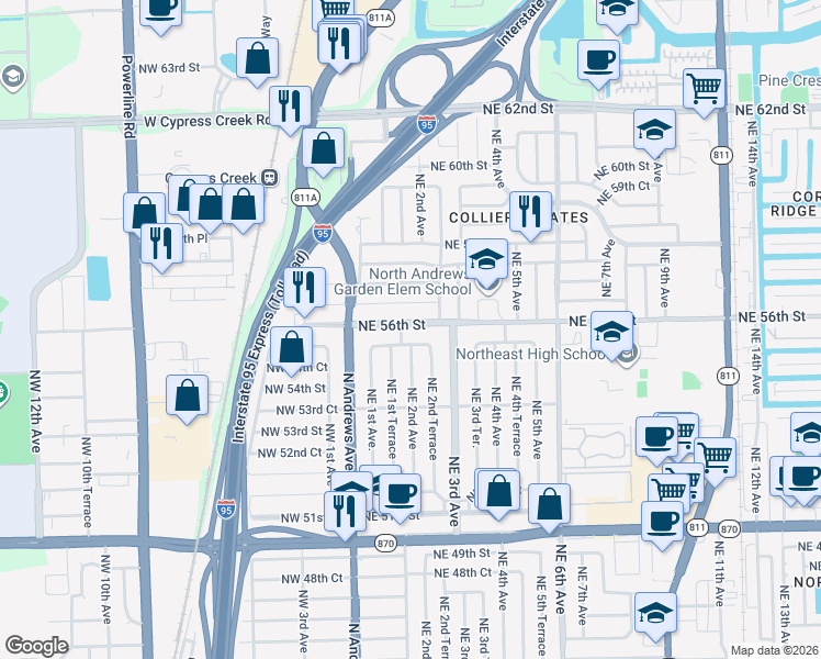 map of restaurants, bars, coffee shops, grocery stores, and more near 200 Northeast 56th Street in Fort Lauderdale
