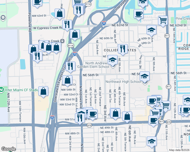 map of restaurants, bars, coffee shops, grocery stores, and more near 200 Northeast 56th Street in Fort Lauderdale