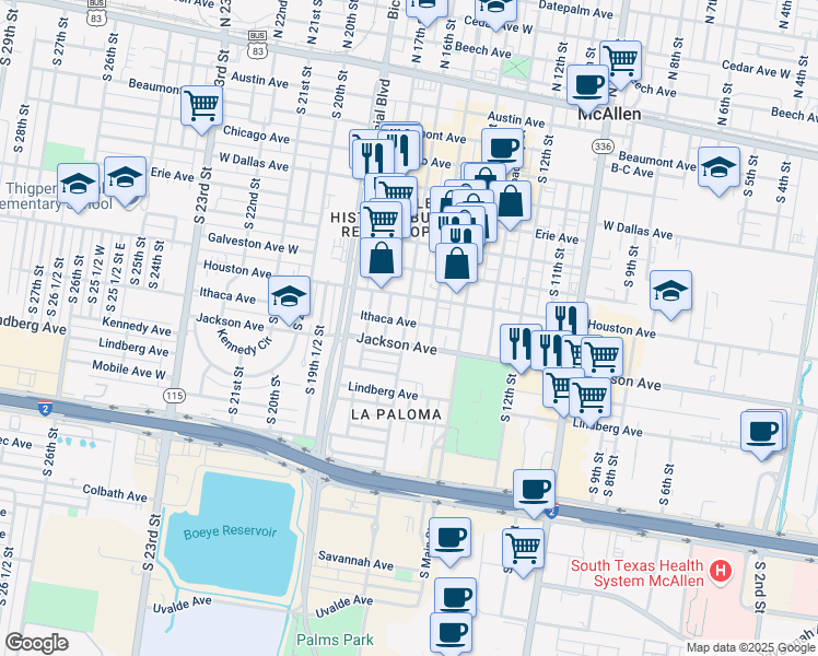 map of restaurants, bars, coffee shops, grocery stores, and more near 1523 Ithaca Avenue in McAllen