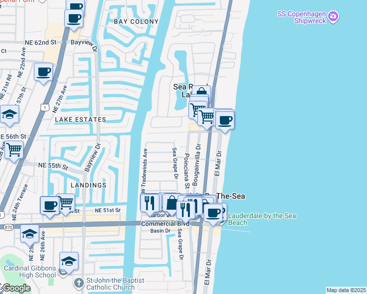 map of restaurants, bars, coffee shops, grocery stores, and more near 4618 Sea Grape Drive in Lauderdale-by-the-Sea