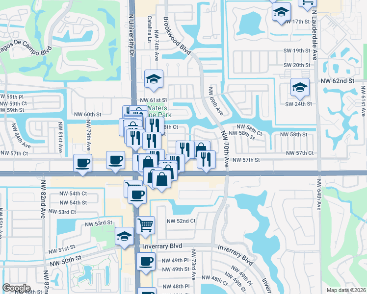 map of restaurants, bars, coffee shops, grocery stores, and more near 7309 Northwest 57th Drive in Tamarac