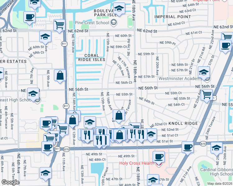 map of restaurants, bars, coffee shops, grocery stores, and more near 1641 Northeast 55th Street in Fort Lauderdale