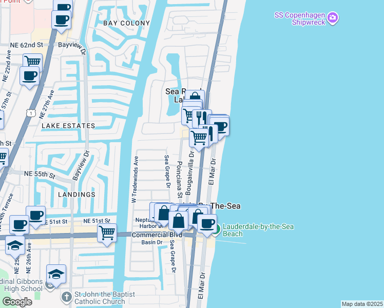 map of restaurants, bars, coffee shops, grocery stores, and more near 4627 Bougainvilla Drive in Lauderdale-by-the-Sea