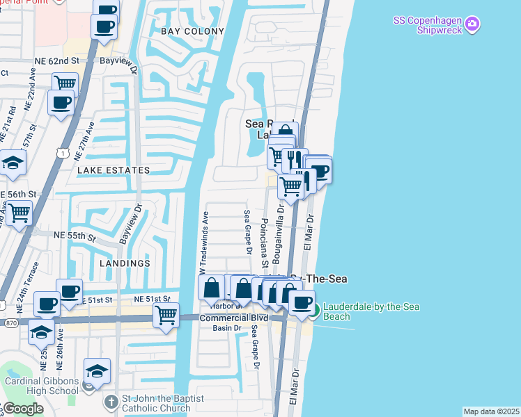 map of restaurants, bars, coffee shops, grocery stores, and more near 4618 Sea Grape Drive in Lauderdale-by-the-Sea