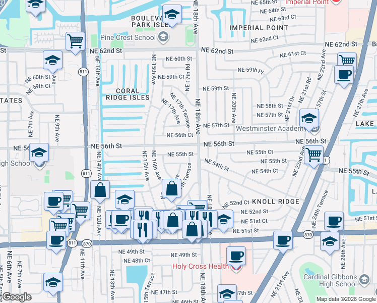 map of restaurants, bars, coffee shops, grocery stores, and more near 1731 Northeast 55th Street in Fort Lauderdale