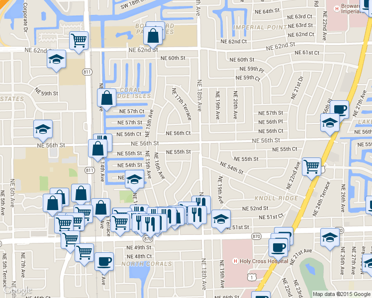 map of restaurants, bars, coffee shops, grocery stores, and more near 1731 Northeast 55th Street in Fort Lauderdale