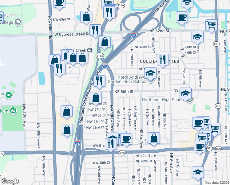 map of restaurants, bars, coffee shops, grocery stores, and more near 50 Northeast 56th Street in Fort Lauderdale