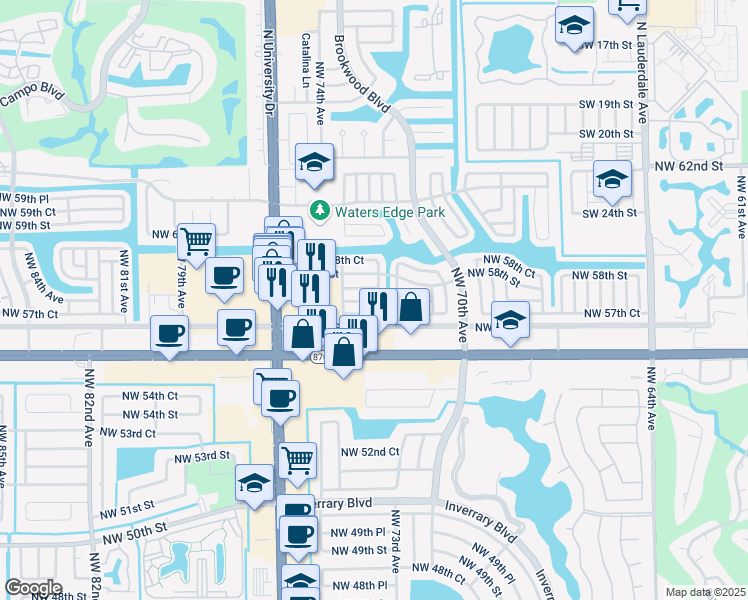 map of restaurants, bars, coffee shops, grocery stores, and more near 7309 Northwest 57th Drive in Tamarac