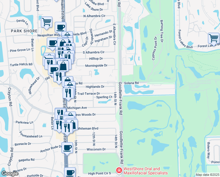 map of restaurants, bars, coffee shops, grocery stores, and more near 1358 Highlands Drive in Naples