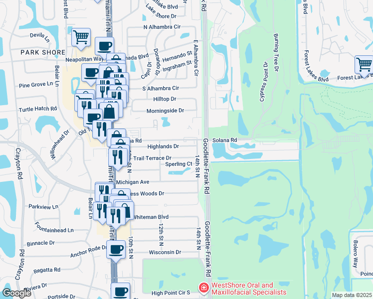 map of restaurants, bars, coffee shops, grocery stores, and more near 1358 Highlands Drive in Naples