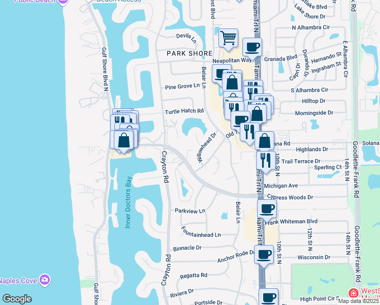 map of restaurants, bars, coffee shops, grocery stores, and more near 723 Willowhead Drive in Naples
